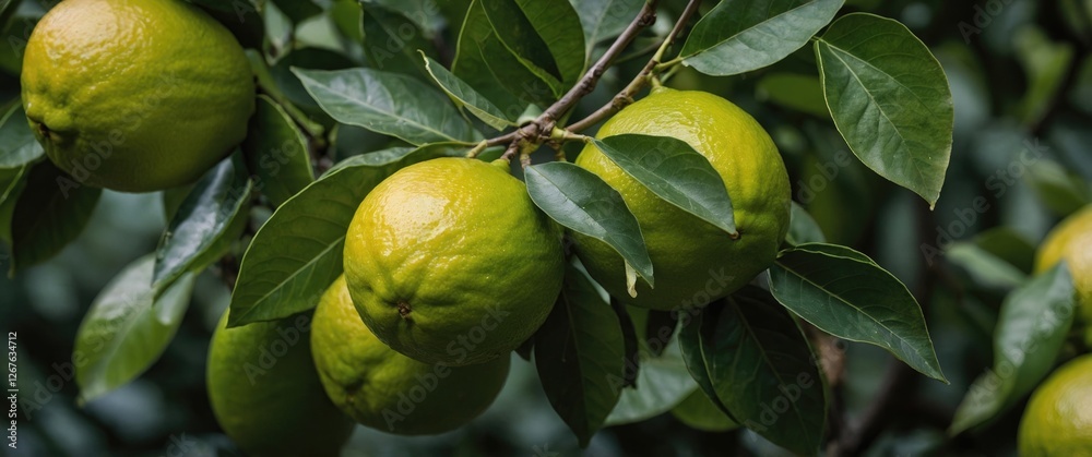 Poster green lemons hanging on a tree with lush leaves around providing space for text and decorative use i