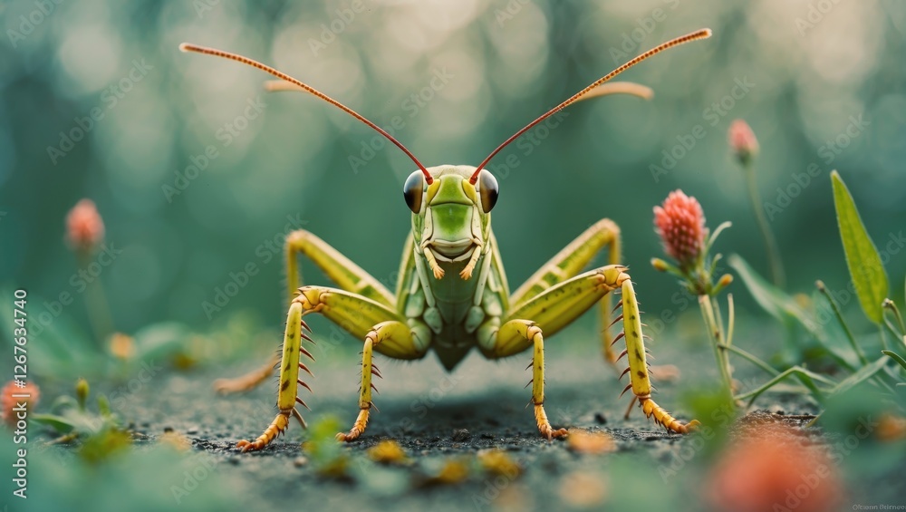 Poster Grasshopper Sitting On Ground Surrounded By Flowers With Soft Focus Background Creating Space For Text