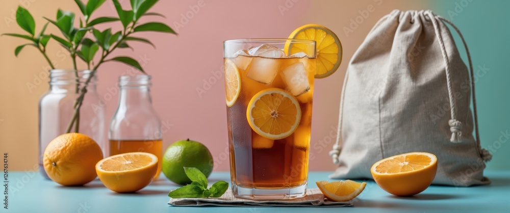 Aufkleber iced tea with citrus fruits in a glass surrounded by fresh fruit and green leaves on a colorful back