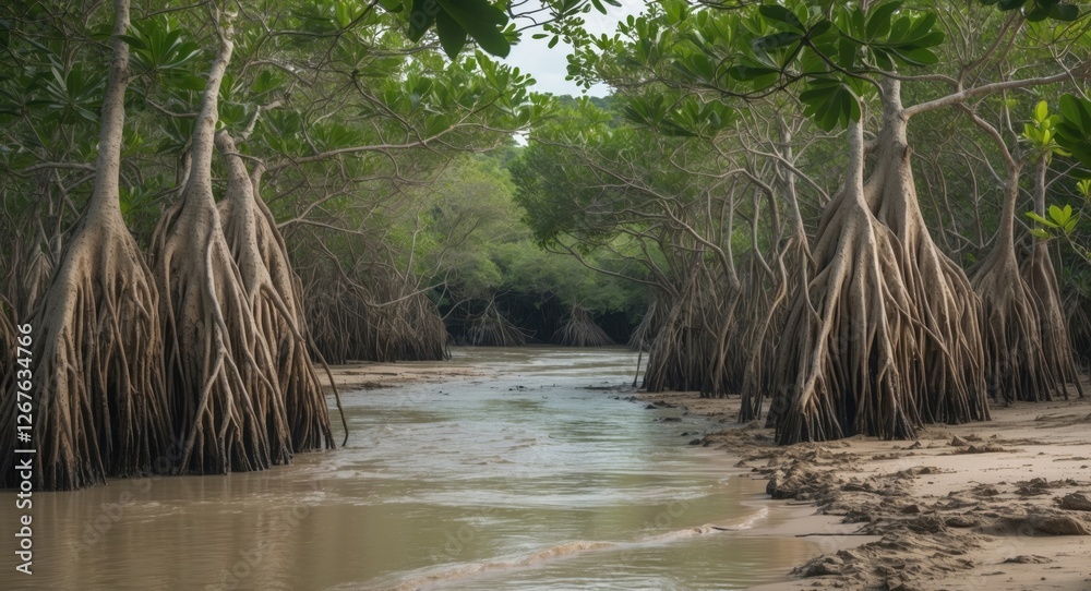 Aufkleber mangrove trees along a serene riverbank with root systems and muddy shoreline offering copy space fo