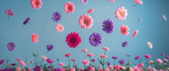 Colorful Summer Flowers Levitate Against Pastel Blue Background Surreal Aesthetic Nature Concept Trendy Spring Vibrant Floral Arrangement