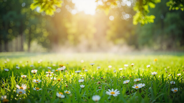 Sunlit wildflowers blooming in serene meadow, natural beauty
