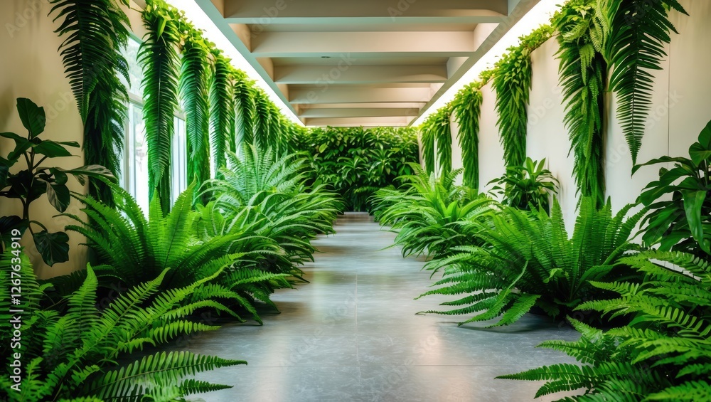Aufkleber lush green ferns framing a serene indoor space with natural light and ample copy space for text or d