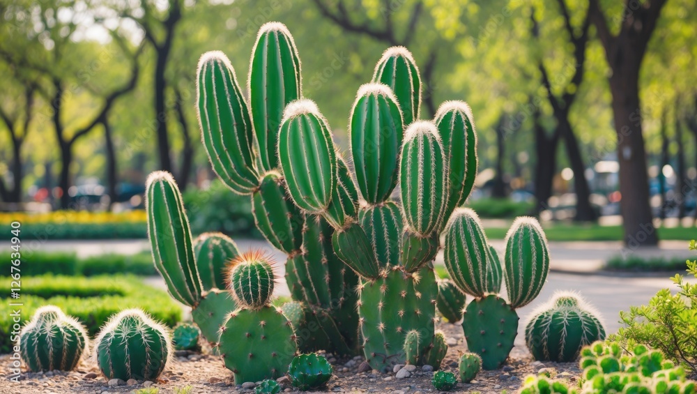 Leinwandbilder Lush green cacti in a serene park setting with sunlit trees offering a vibrant backdrop and ample empty space for creative text placement.