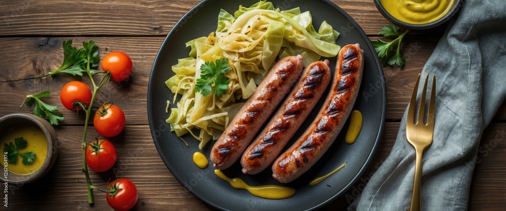 Aufkleber grilled pork sausages served with stewed cabbage cherry tomatoes and mustard sauce on a rustic woode