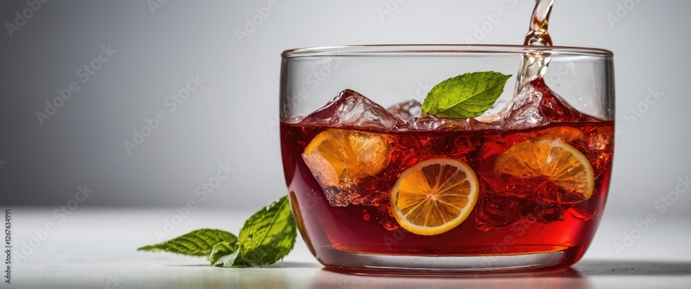 Poster refreshing glass of iced red tea with mint and lemon slices on a white background perfect for summer