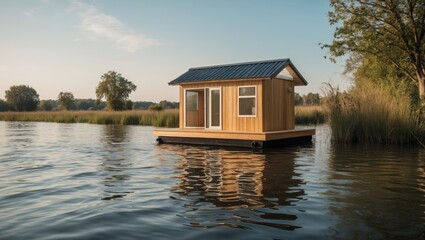 Obraz premium Serene Floating House on Tranquil Water, Ideal for Wildlife, With Expansive Copy Space for Text Integration.
