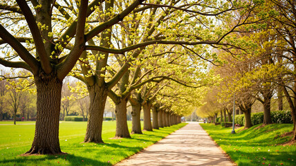 Lush green trees lining sunny park path, serene outdoor beauty