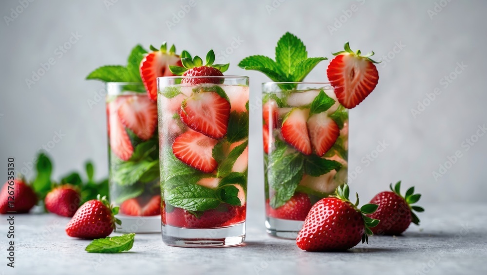 Poster refreshing strawberry mojito cocktails garnished with fresh mint and strawberries on light backgroun