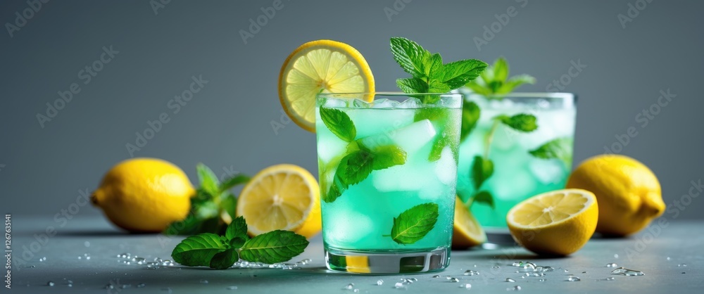 Poster refreshing lemonade with fresh mint garnish and lemons on a gray background ideal for beverage adver