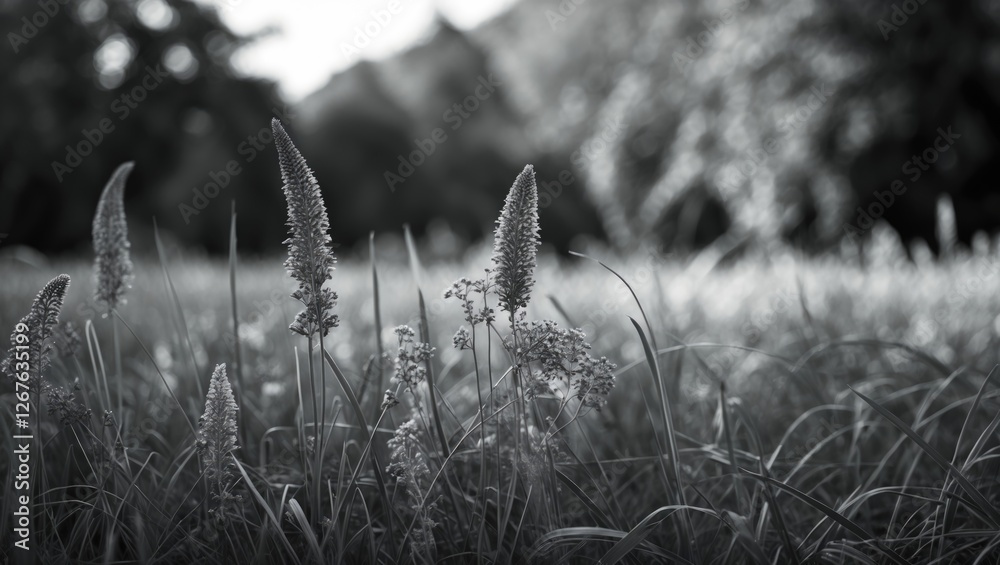 Poster Black and white grass field with nature background emphasizing texture and depth in a serene outdoor setting