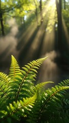 Pteridium tauricum ferns with mist and sunlit background, sunlight, pteridium tauricum