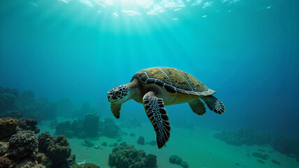 Fototapeta premium Graceful green sea turtle swimming in clear ocean, marine conservation