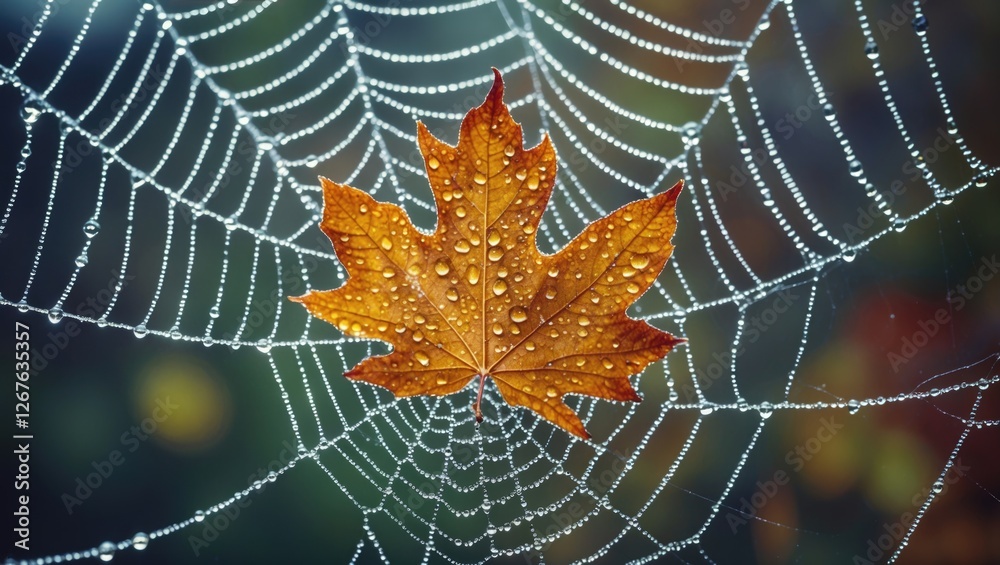 Poster autumn leaf adorned with dewdrops resting on a delicate spiderweb creating a serene natural composit