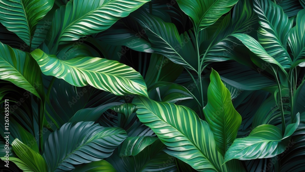 Poster lush green tropical plant foliage abstract background with macro focus on flowing leaf patterns for 