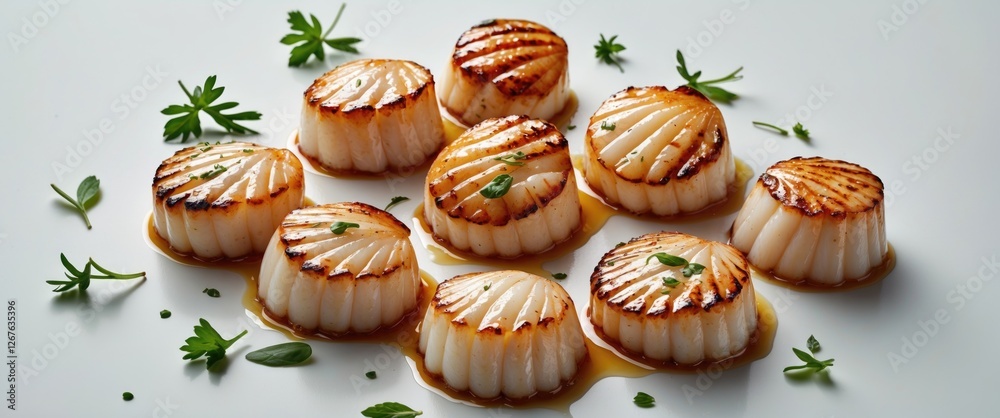 Poster Grilled Scallops Arranged on a Plate with Fresh Herbs and Empty Space for Text or Branding in Culinary Background