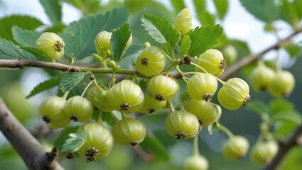 Fototapeta premium Ripe green star gooseberries hanging on tree branches with lush green leaves under natural light.
