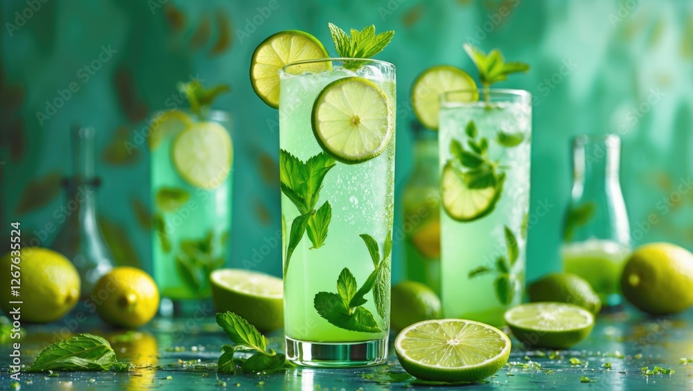Aufkleber Refreshing Tarragon Lemonade with Lime Slices and Mint in Tall Glasses on Vibrant Background with Empty Space for Text