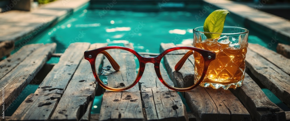 Poster glasses and cocktail on rustic wooden surface by a serene pool with space for text showcasing relaxa