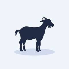 Design a flat vector illustration of a goat, focusing on simplicity and clear, sharp edges, Illustrate a mountain goat, Make a black goat silhouette with a slightly rough texture, giving it a rustic .