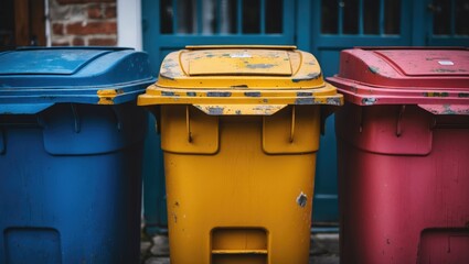Colorful trash cans blue yellow and red lined up against a backdrop of urban architecture illustrating recycling and waste management themes