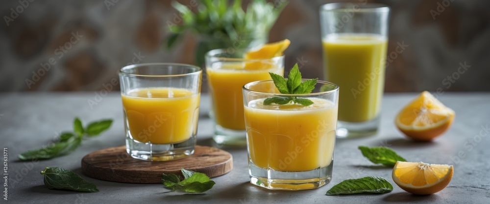 Aufkleber Refreshing Natural Juices in Stylish Glasses with Lemon and Mint Garnish on a Rustic Table with Empty Space for Custom Text