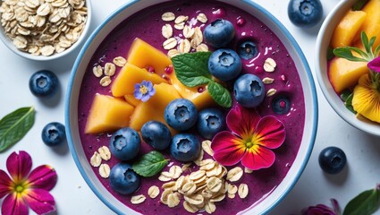Vibrant Smoothie Bowl Topped With Fresh Fruits Blueberries Edible Flowers And Oats Capturing A Bright Healthy Breakfast Scene