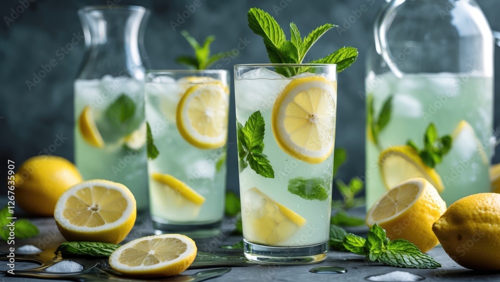 Aufkleber refreshing summer lemonade with slices of lemon and fresh mint in glasses and pitcher on a cool back