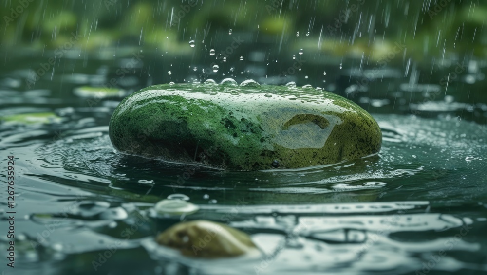 Poster green stone resting in serene water amidst falling rain droplets creating a tranquil and refreshing 