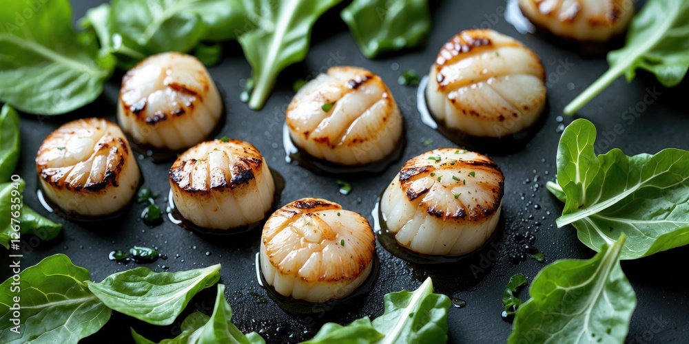 Poster grilled scallops on a bed of fresh salad leaves with blank space for culinary text or branding