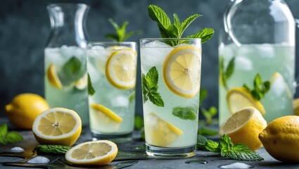 Fototapeta premium Refreshing Summer Lemonade With Slices of Lemon and Fresh Mint in Glasses and Pitcher on a Cool Background. Perfect for Hot Days.