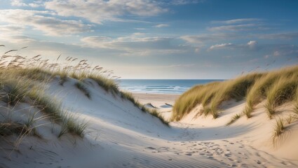 Serene Dunes at Natural Park Leading to Tranquil Beach with Grassy Tides Under Soft Cloudy Sky