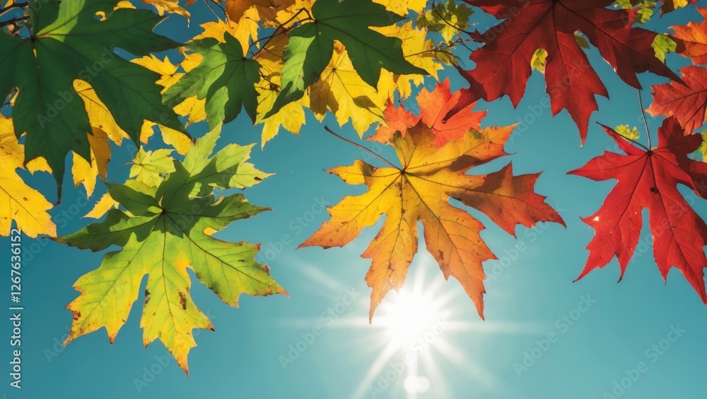 Poster Vibrant autumn maple leaves in green yellow and red against a bright blue sky with sunlight creating a warm and inviting atmosphere