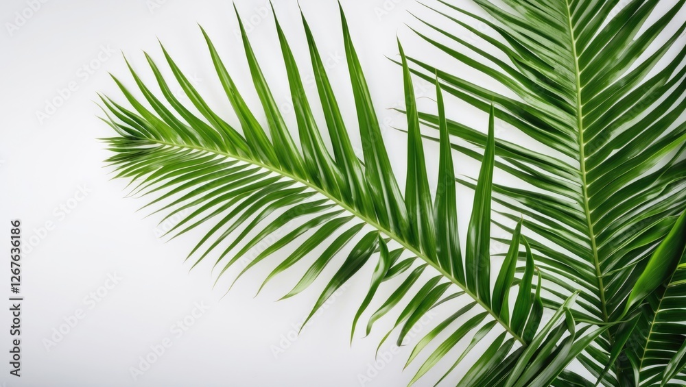 Poster lush green palm leaf isolated on bright white background for fresh and natural design elements