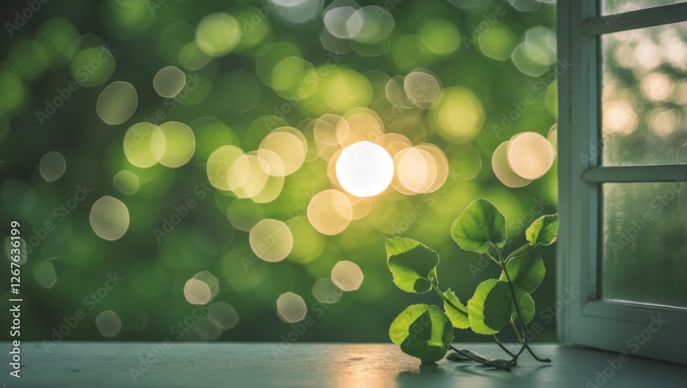 Aufkleber morning sunlight filtering through leaves creating a soft green bokeh effect by the window evoking t