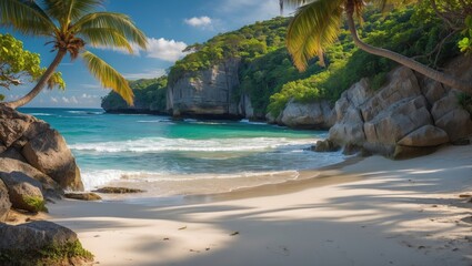 Serene Tropical Beach with Lush Greenery and Clear Blue Waters Surrounded by Rocks and Palm Trees in a Sunny Scenic Landscape