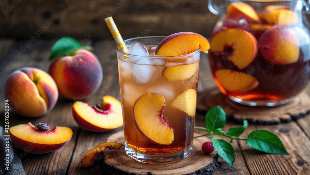 Poster peach iced tea in glass with fresh slices and jug on rustic wooden table ideal for summer refreshmen