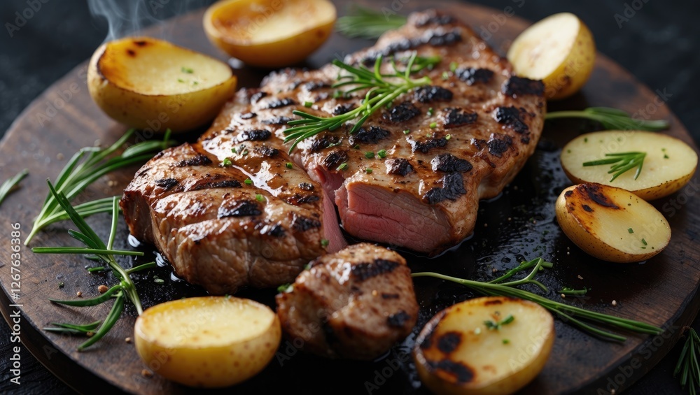 Poster grilled meat and potatoes on a wooden board with fresh herbs and copy space for text insert