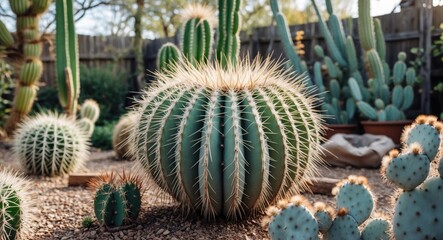 Fototapeta premium Echinocactus in a desert garden showcasing unique circular shapes and spiky textures amidst diverse cacti varieties and gravel landscape.