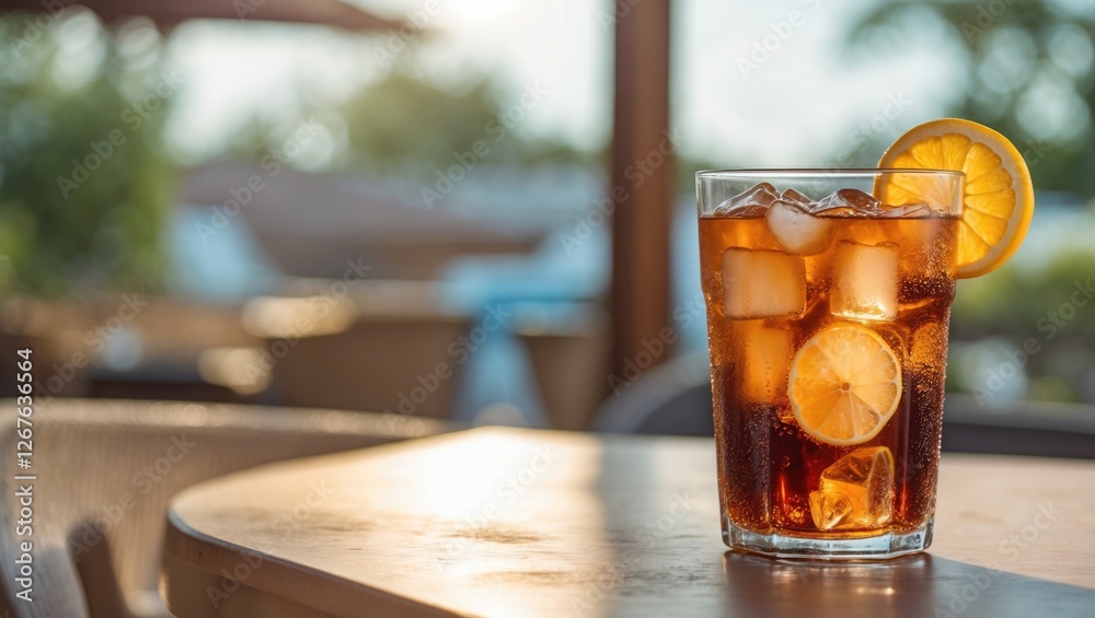 Poster Refreshing Iced Tea with Lemon Slices in a Glass on a Table by the Poolside Sunlight Highlighting a Relaxing Summer Atmosphere