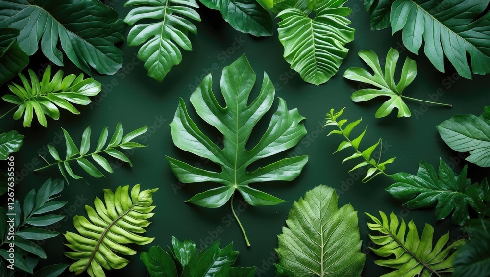Poster lush green leaf background with diverse leaf varieties and space for text, perfect for nature themes