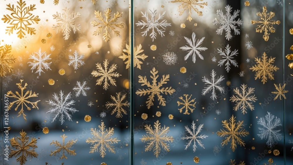 Aufkleber elegant frost patterns on glass featuring golden snowflakes and subtle winter motifs with a warm glo