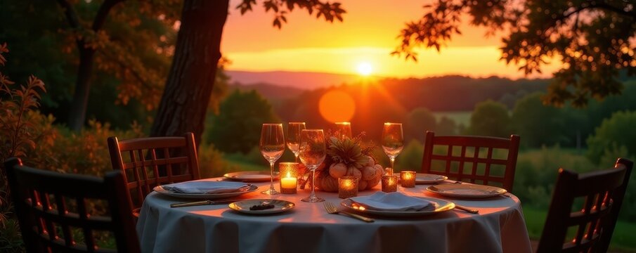 Sonnenuntergang an einem festlich gedeckten Tisch , Decken, Tisch, Sonne