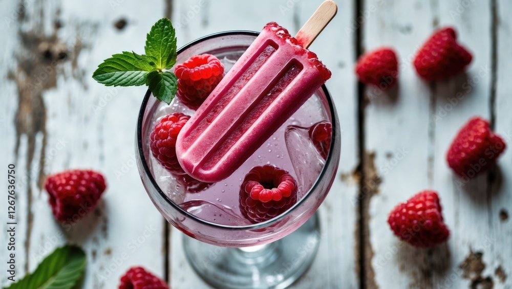 Poster Refreshing raspberry popsicle drink with mint and fresh raspberries on rustic wooden backdrop perfect for summer festivities and gatherings.