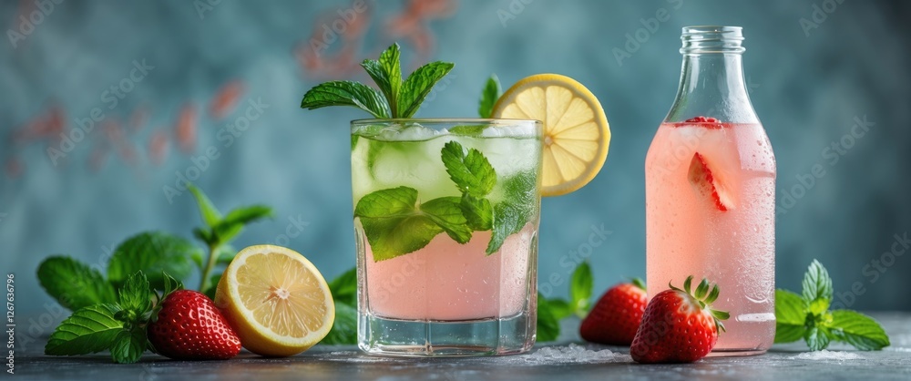 Poster refreshing lemonade cocktail with mint and strawberries in a picturesque setting ideal for summer be