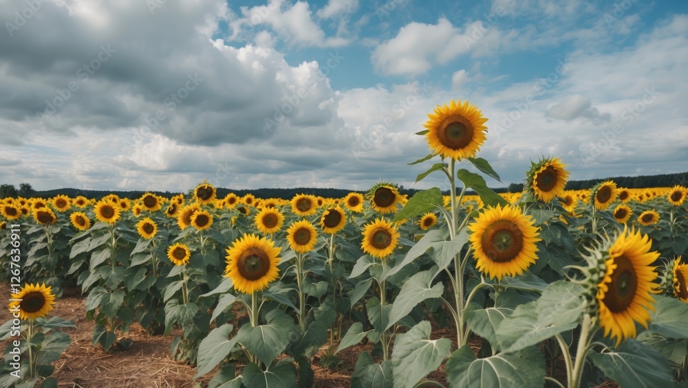 Poster vibrant sunflower field under cloudy blue sky with wide copy space for text ideal for nature and out