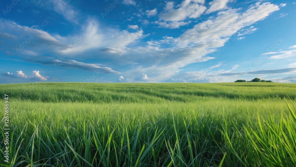 Aufkleber Lush Green Grass Field Under Bright Blue Sky With White Clouds Ideal For Nature Themes And Text Overlay Background