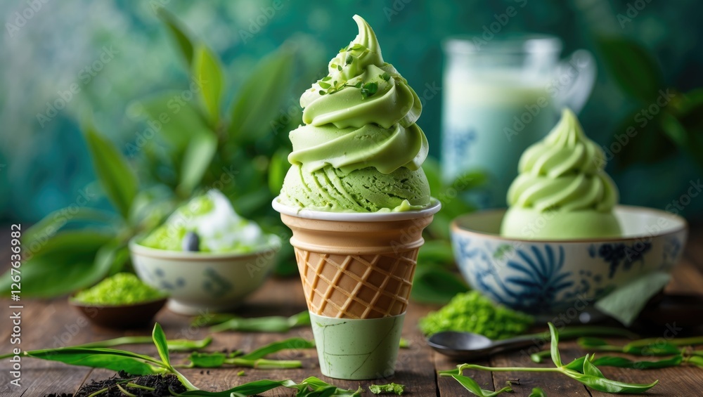 Aufkleber green tea ice cream in cone surrounded by fresh leaves and bowls on wooden table rustic background d
