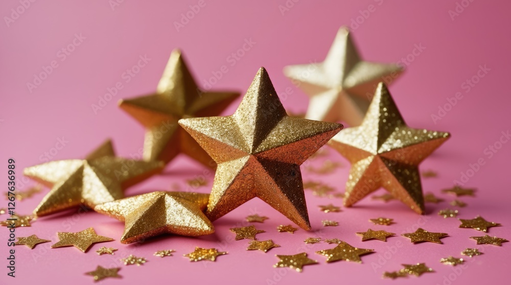 Aufkleber shimmering gold stars scattered on a vibrant pink background creating a festive and playful atmosphe