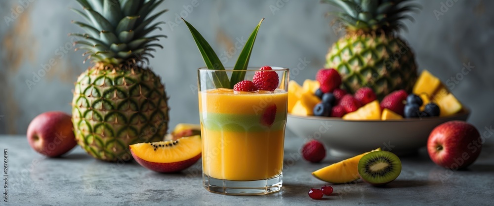 Poster tropical juice in a glass garnished with fruits on a table with fresh pineapples and a variety of be